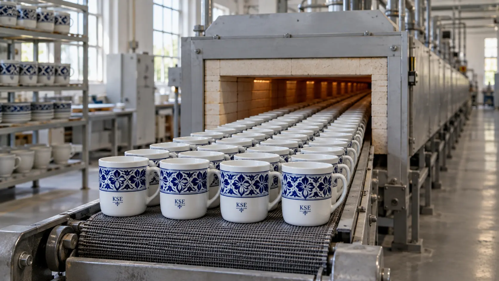 Dar tünel fırının çıkışında dört sıra mavi desenli kupa; temsili üretim görseli